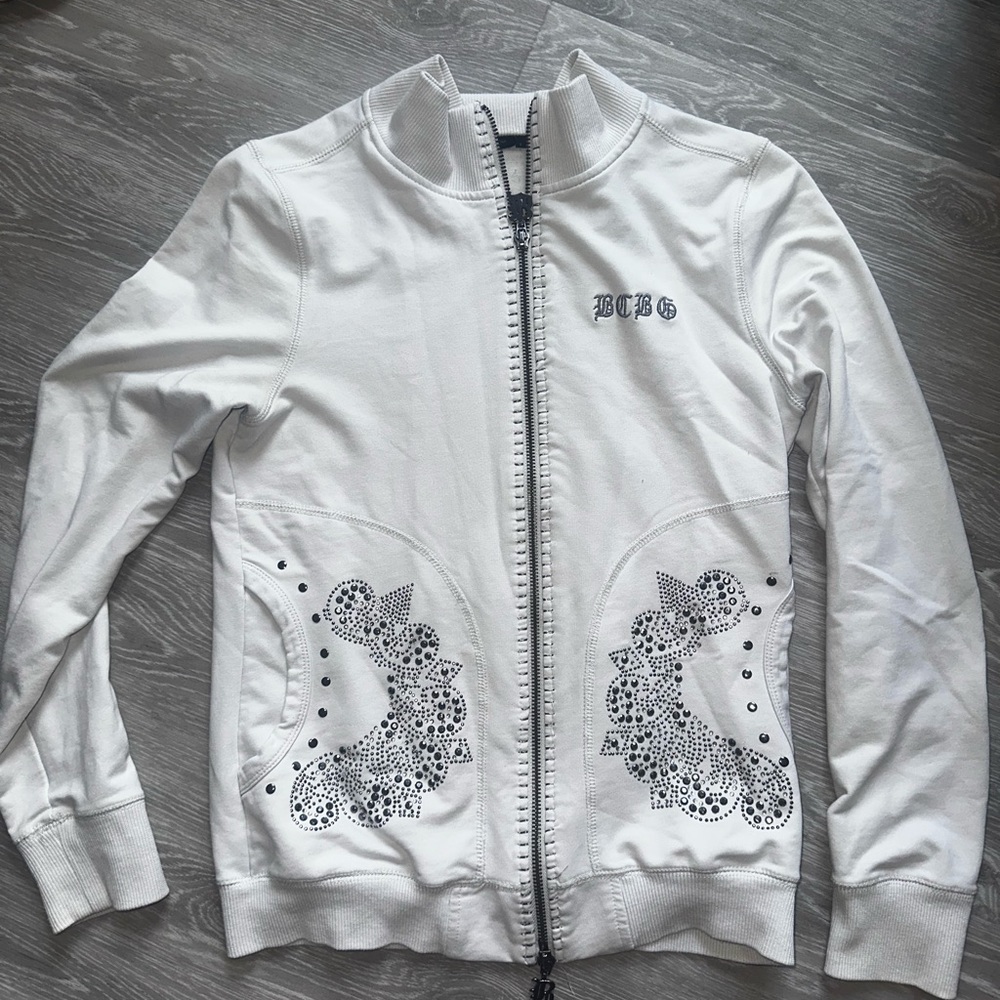 BCBGMaxAzria White Embellished Zip-Up Bomber Jacket